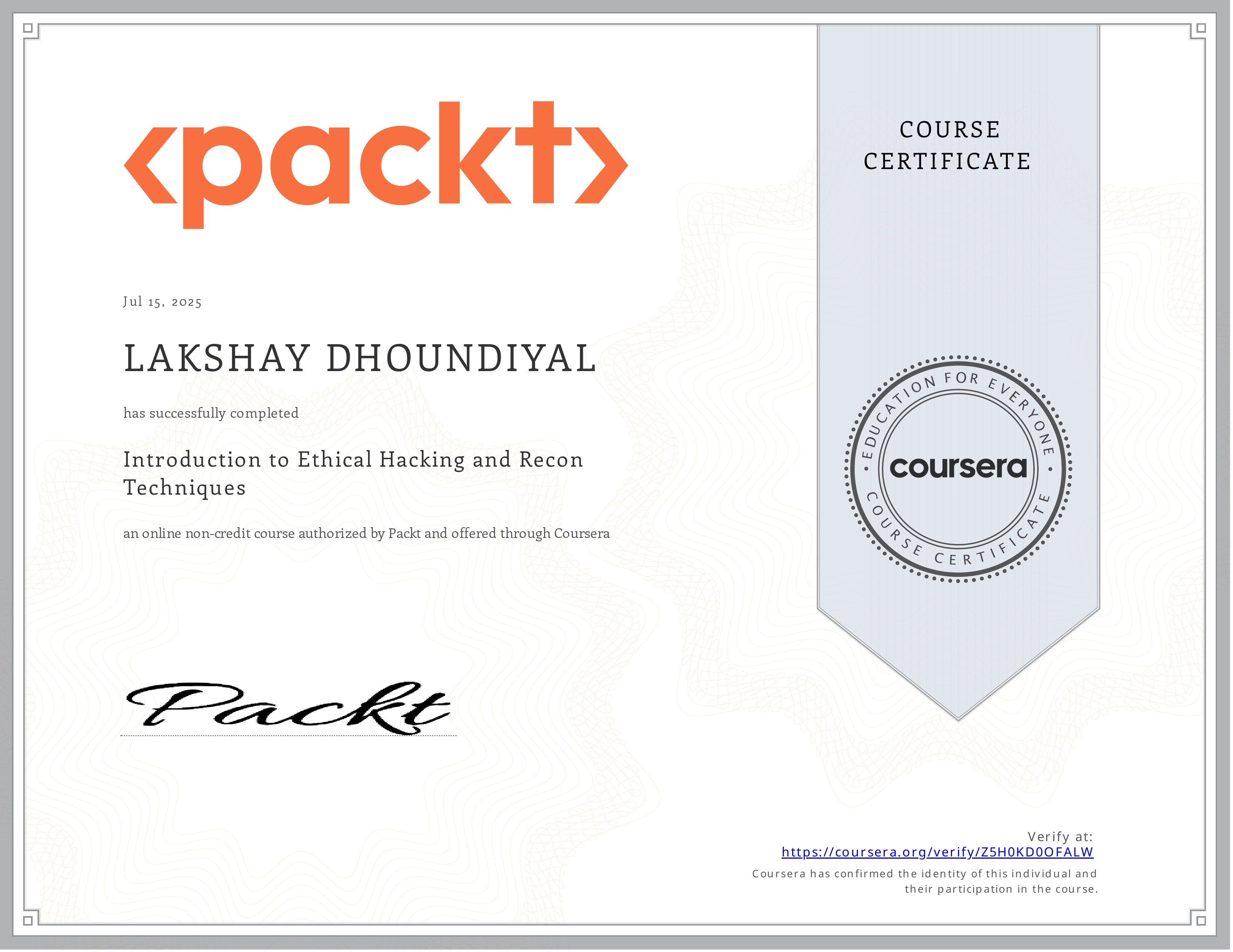 Introduction to Ethical Hacking and Recon Techniques certificate preview