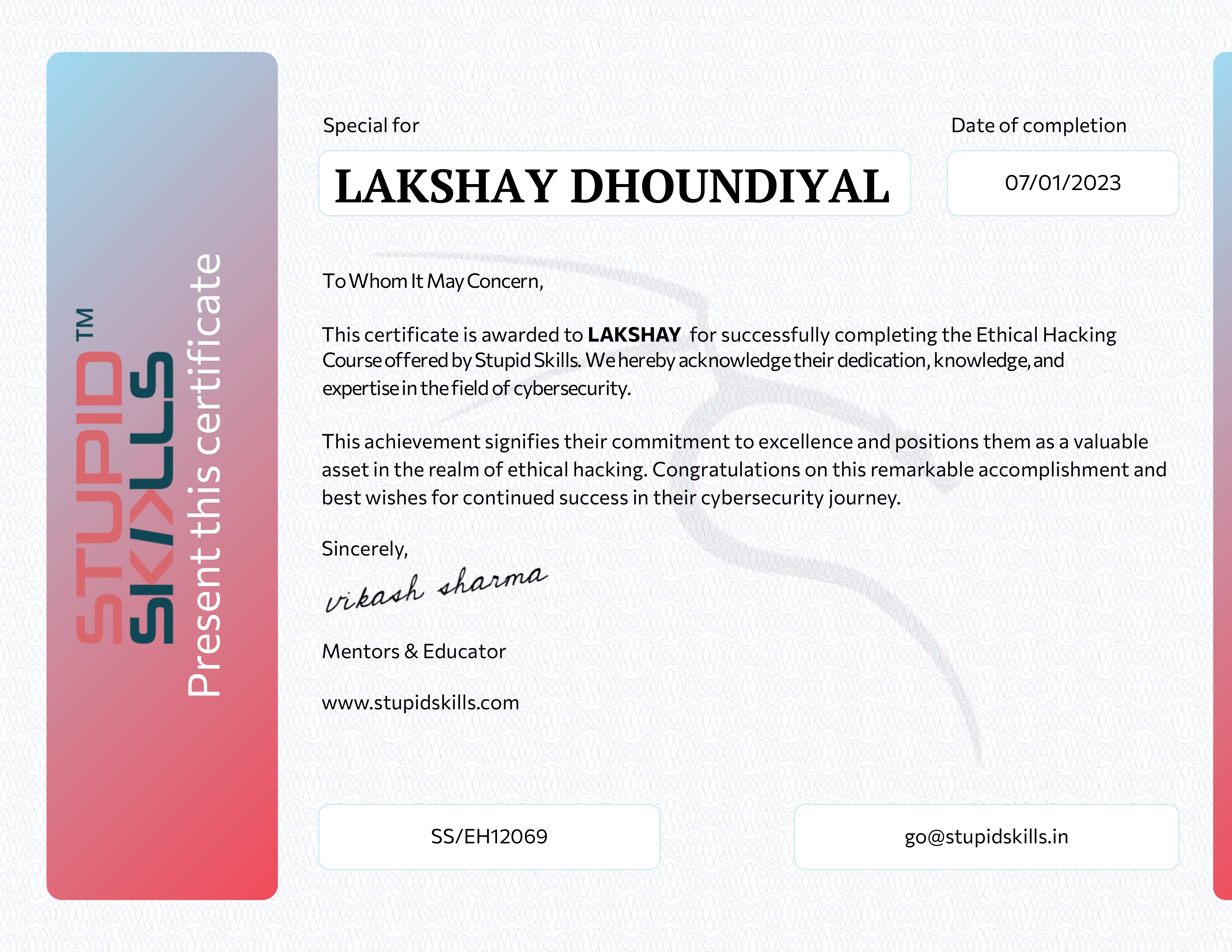 Ethical Hacking certificate preview