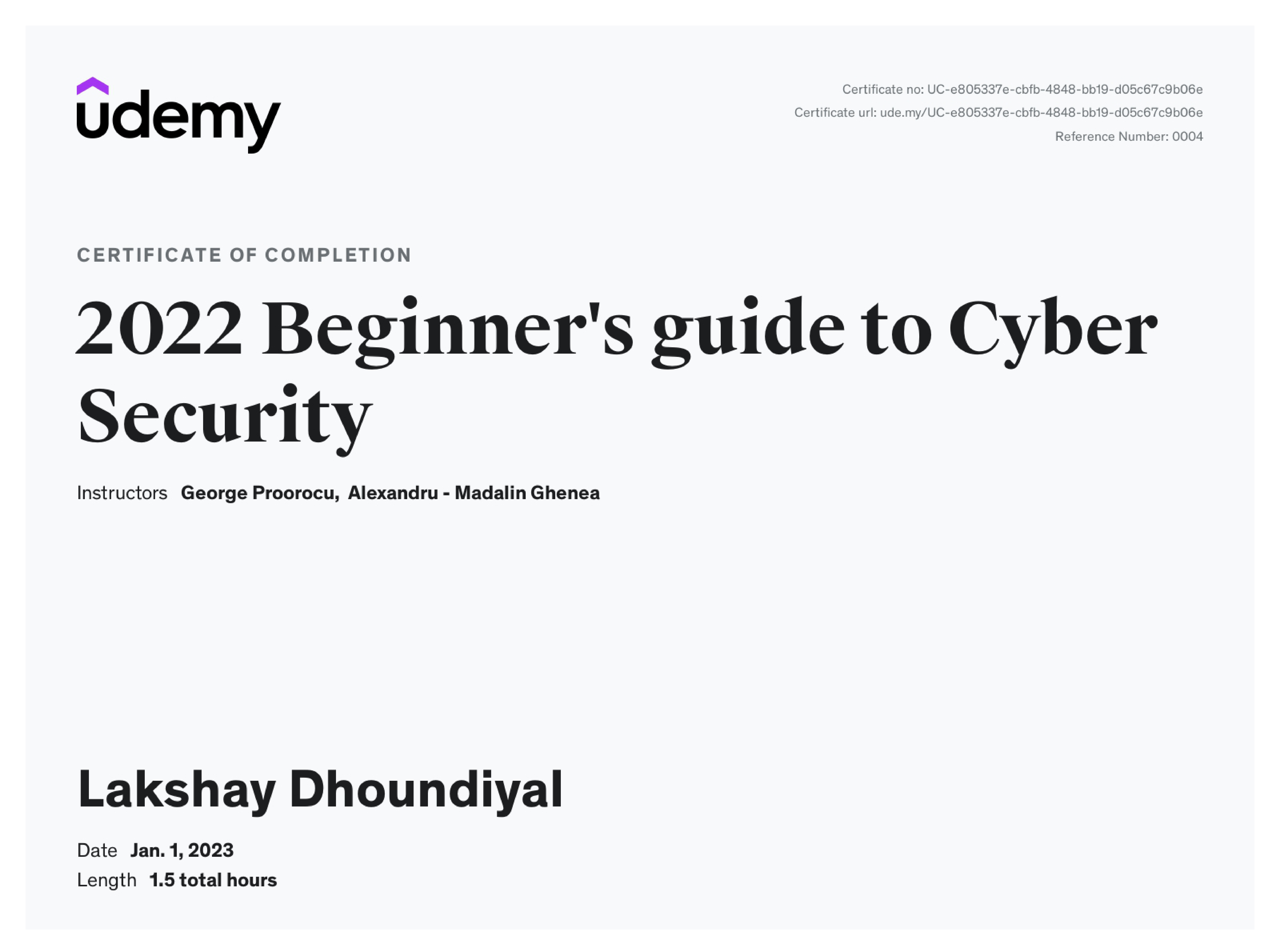 Beginner's Guide to Cyber Security certificate preview