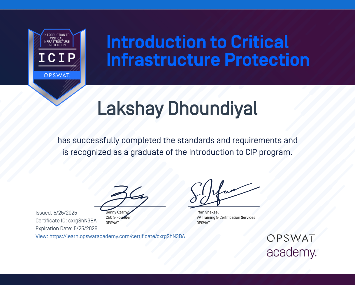 Introduction to Critical Infrastructure Protection certificate preview