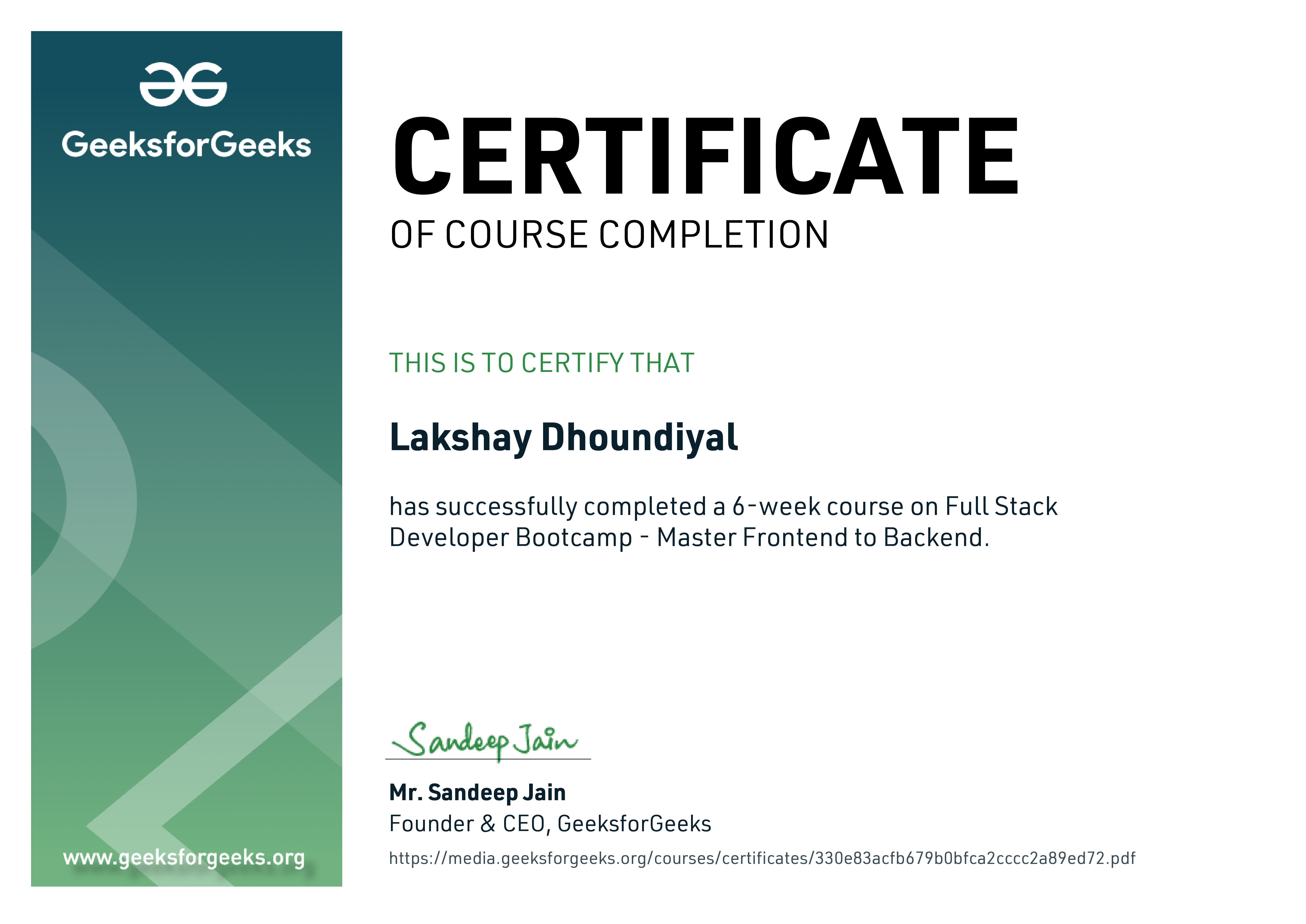 Full Stack Developer Bootcamp certificate preview