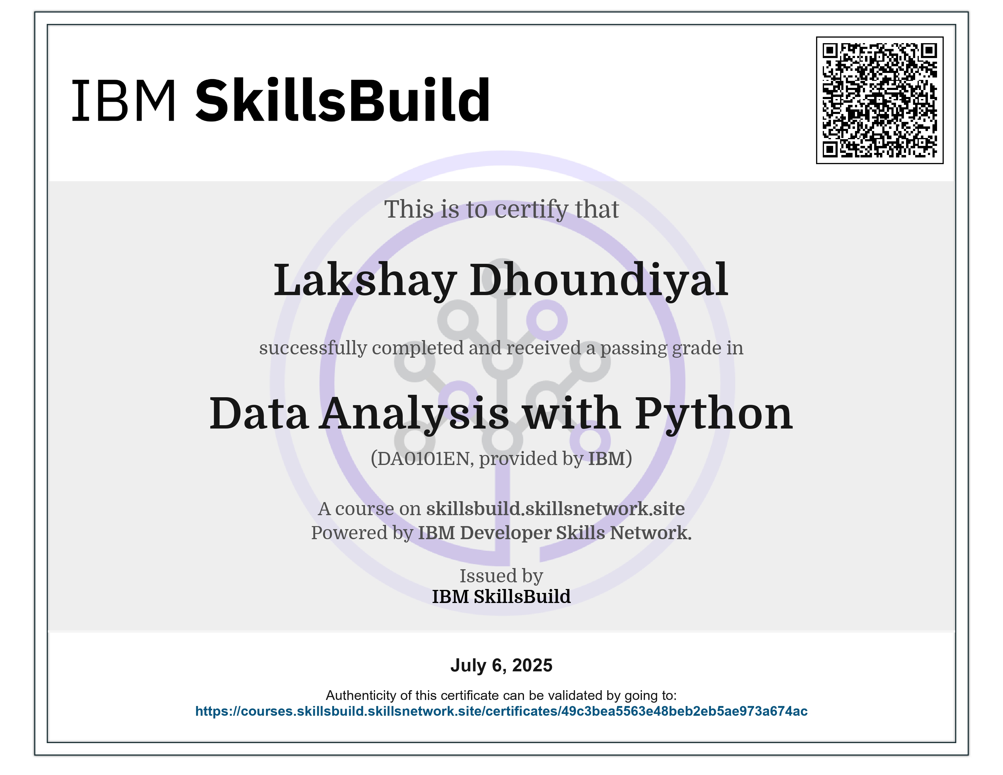 data Analysis with Python certificate preview