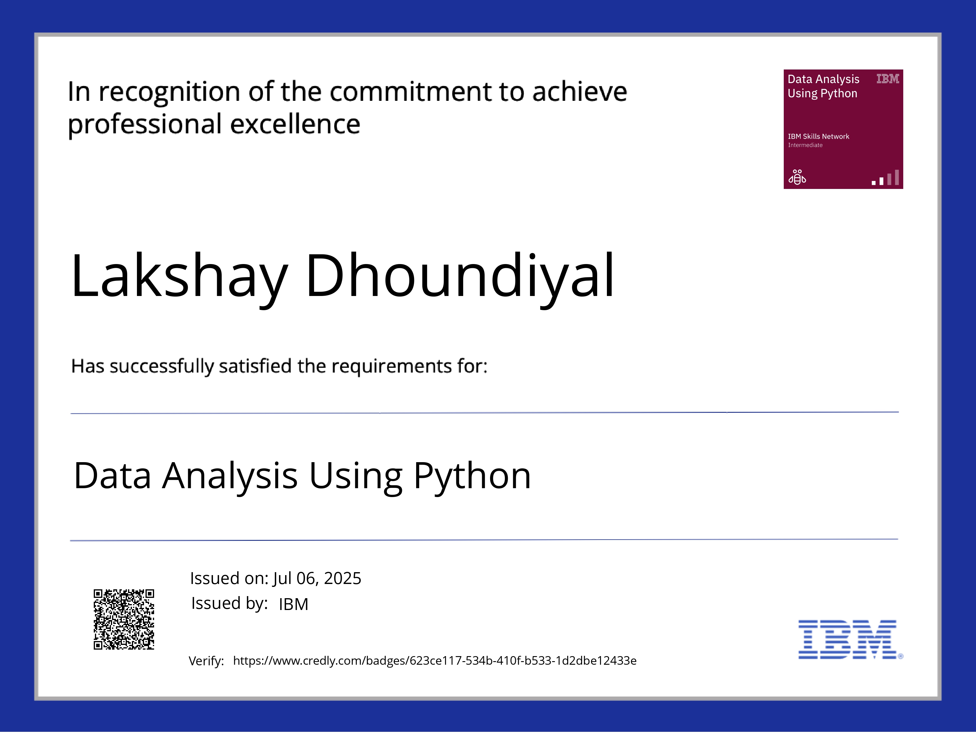 Data Analysis Using Python certificate preview