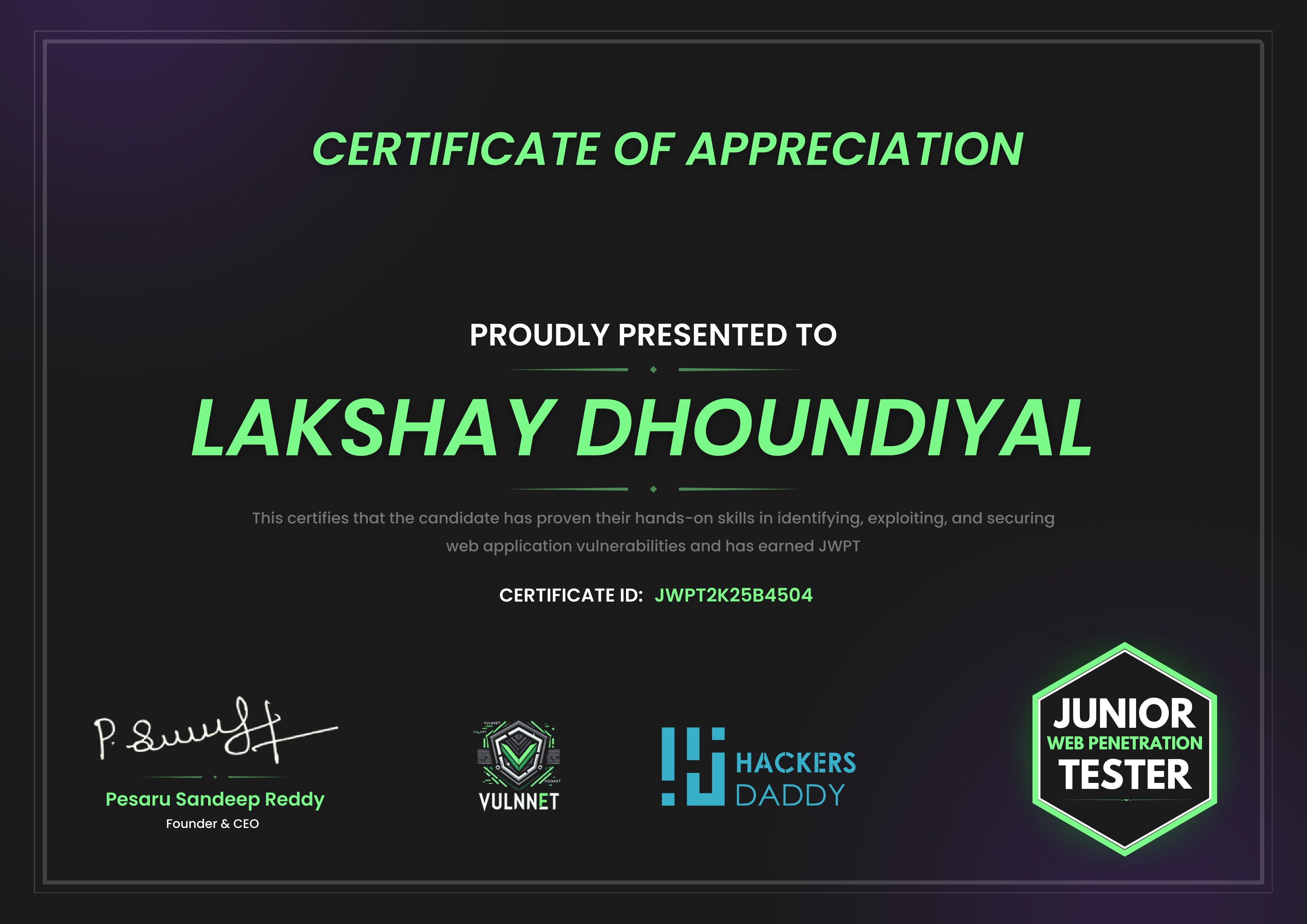 Junior Web Penetration Tester (JWPT) certificate preview