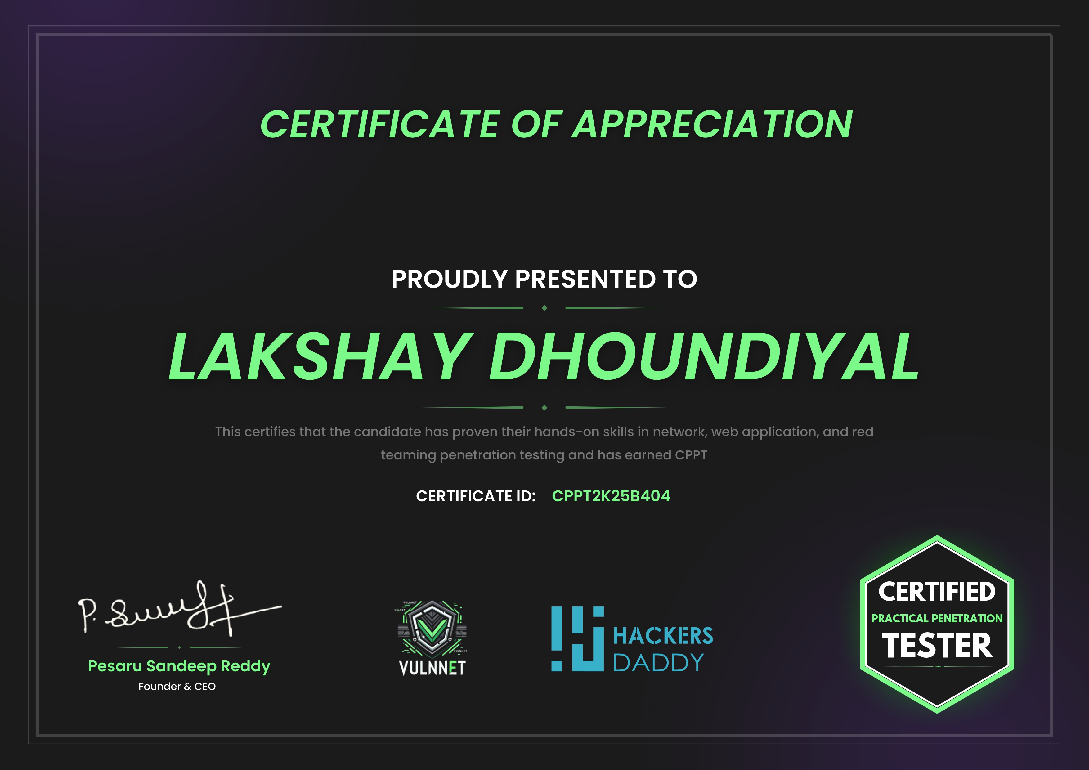 Certified Practical Penetration Tester (CPPT) certificate preview