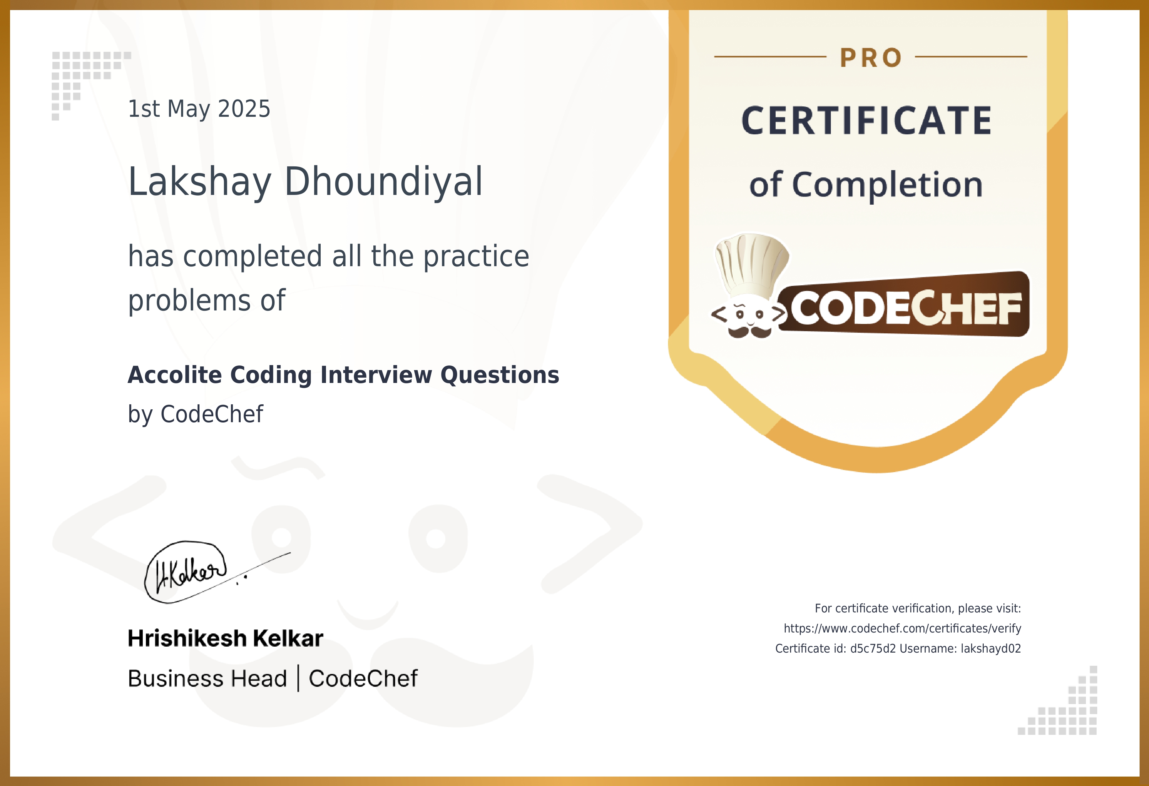 Accolite Coding Interview Questions certificate preview
