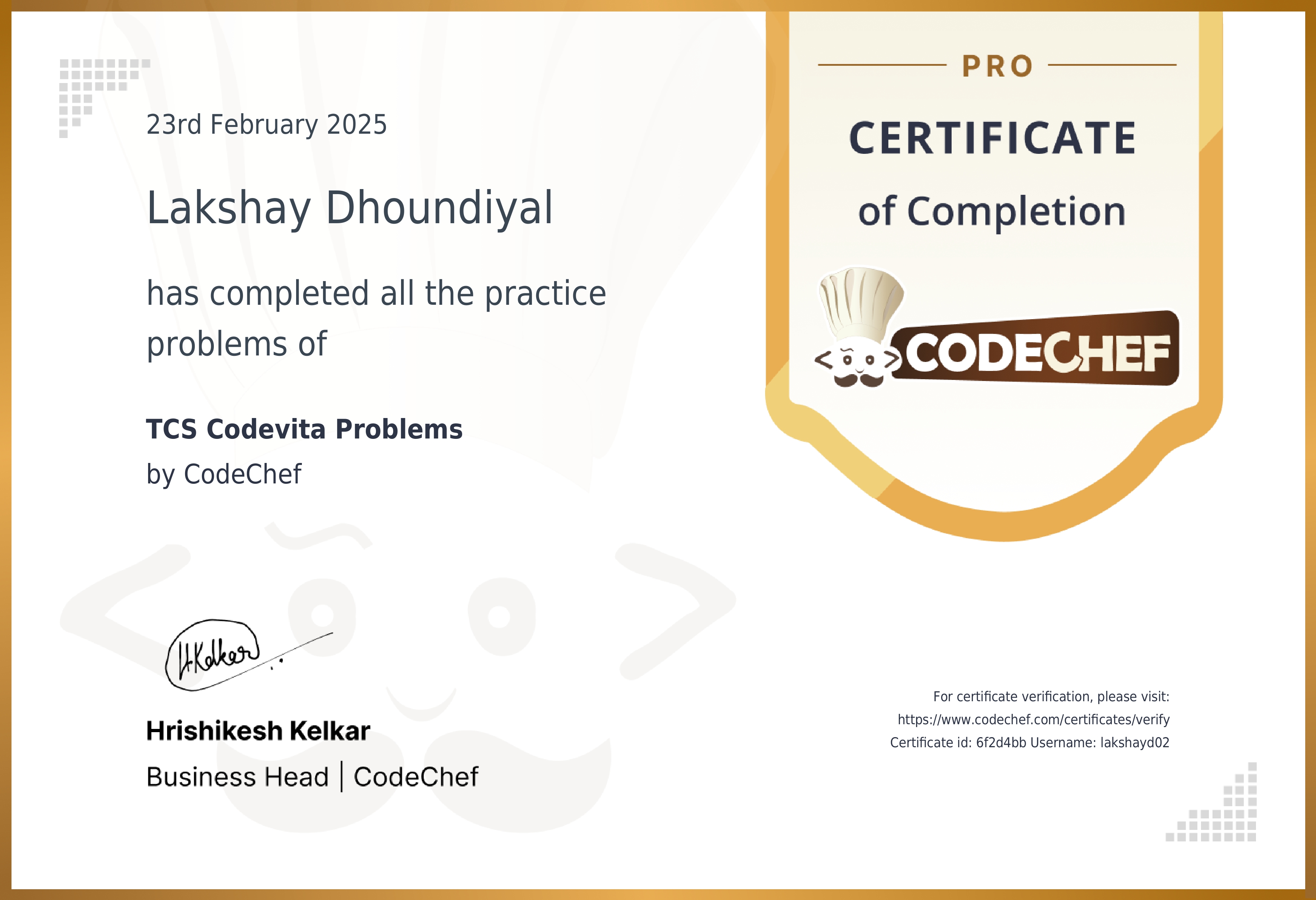 TCS Codevita Problems certificate preview