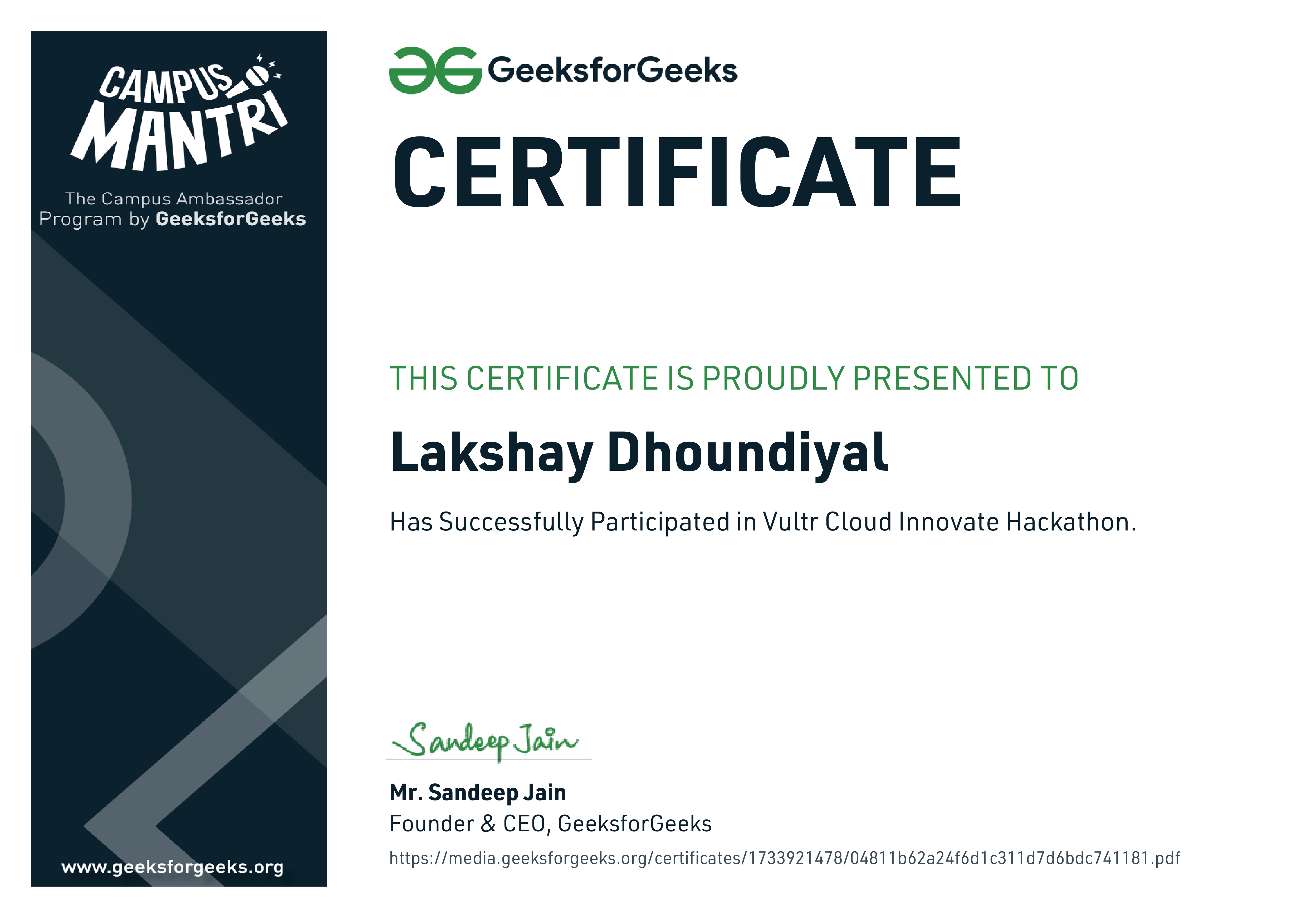 Vultr Cloud Innovate Hackathon certificate preview