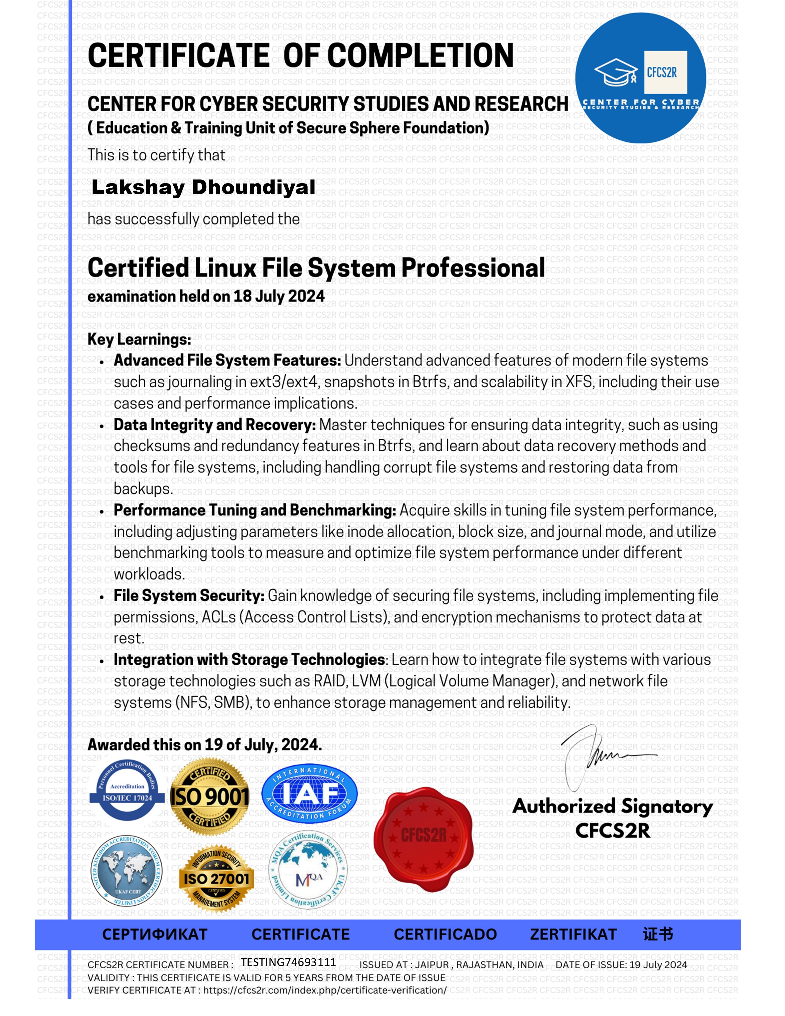 Certified Linux File System Professional certificate preview