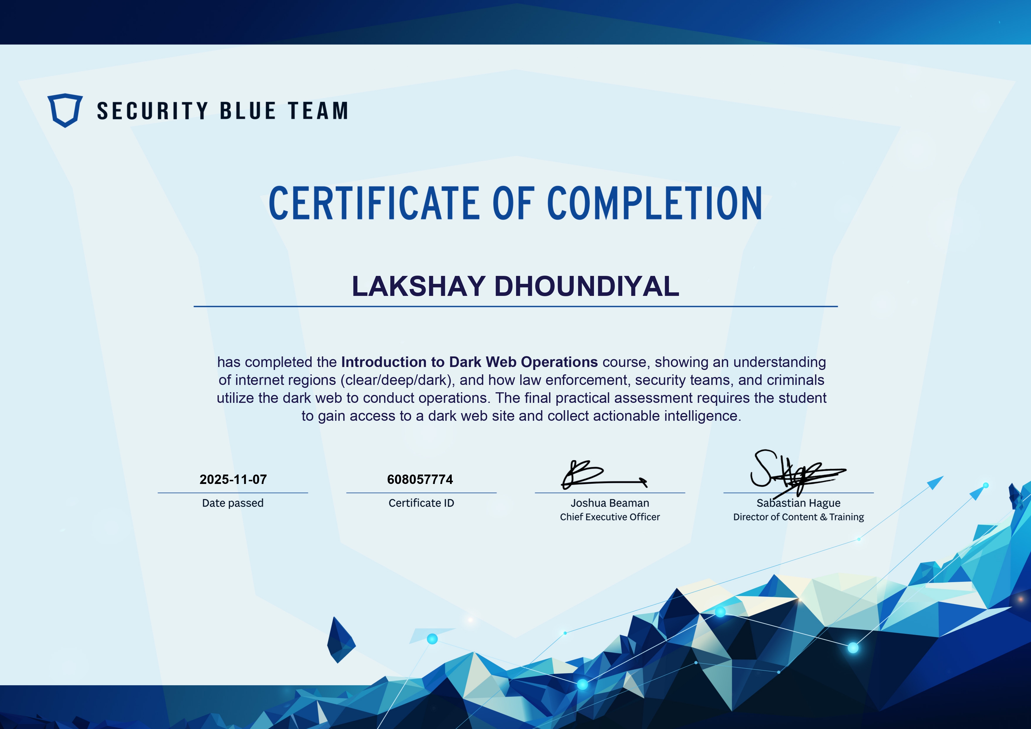 Introduction to Dark Web Operations certificate preview