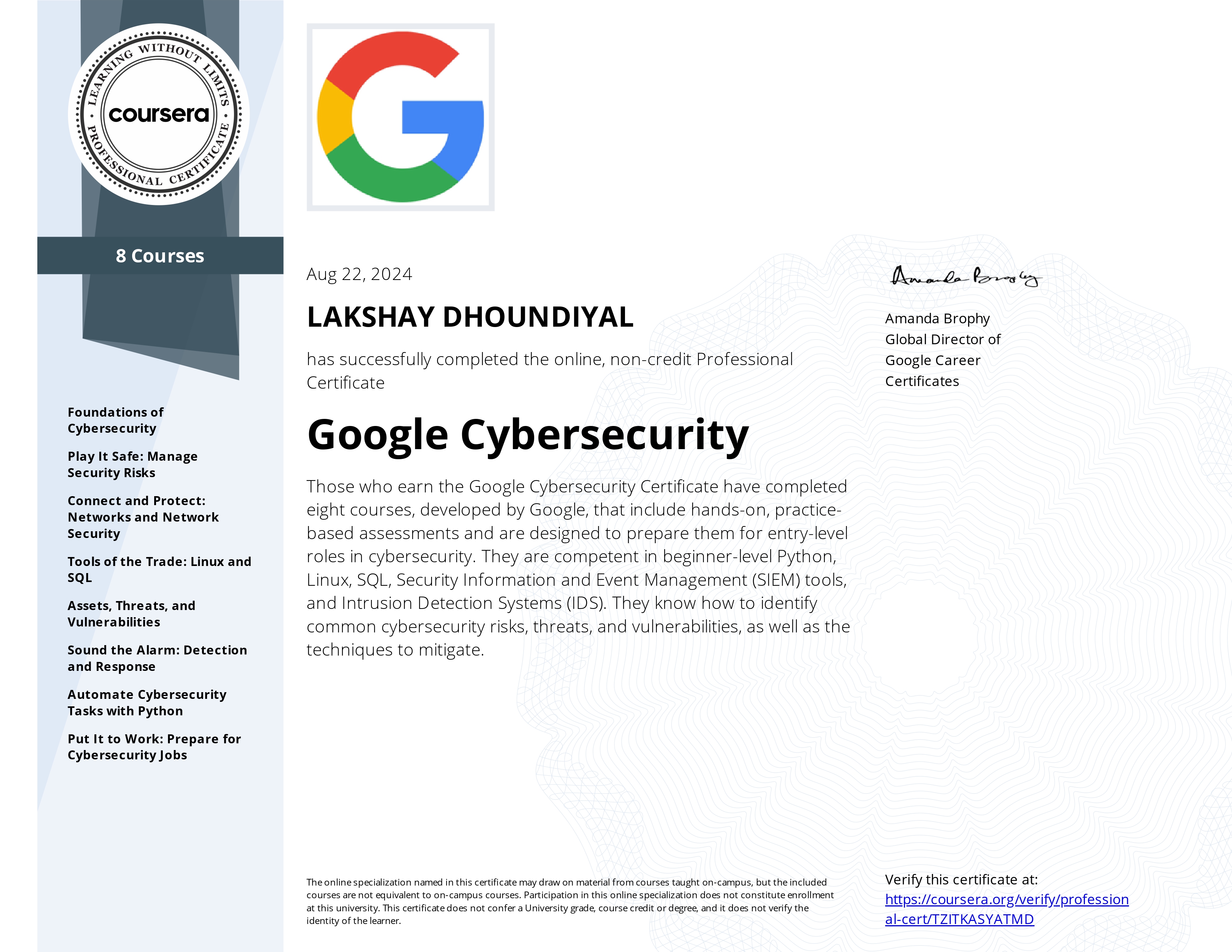 Google Cybersecurity certificate preview